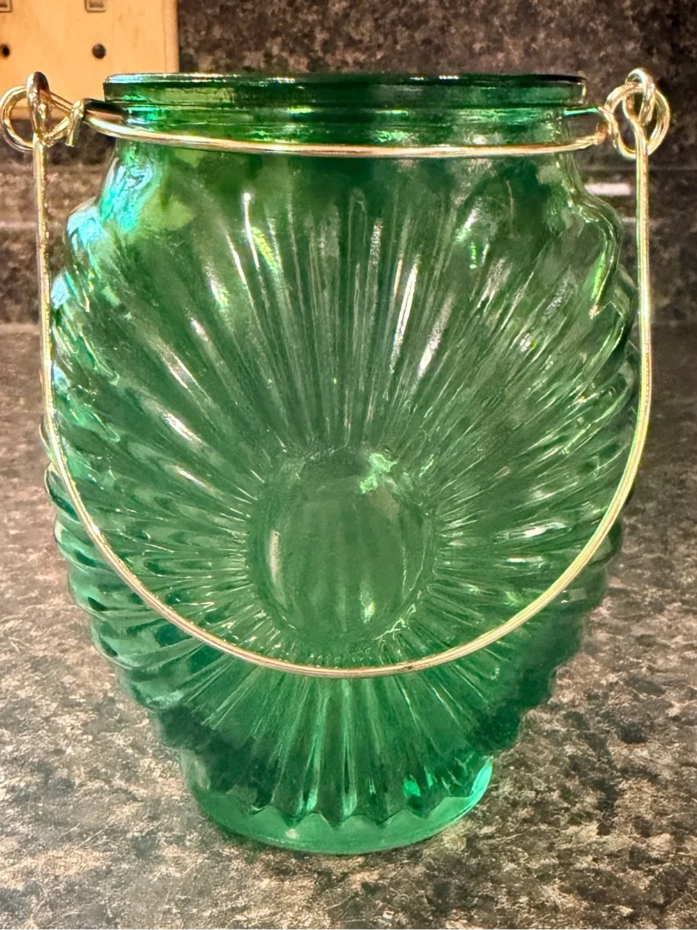 Green Pressed Glass Sunburst Vase with Metal Handle - Picture 2 of 8